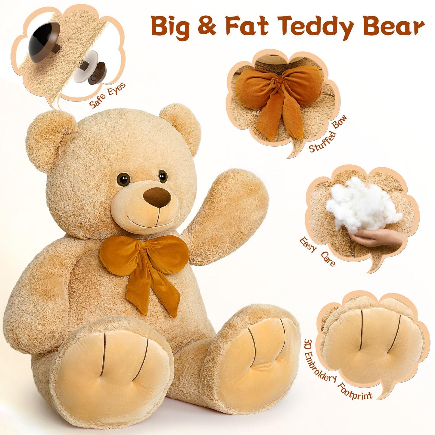 Morismos Giant Teddy Bear 4 Ft Stuffed Animal For Girlfriend,Cuddly Stuffed Big Bear Plush Toy For Valentines Gift,47 Inches Big Stuffed Animal Bear Christmas Baby Shower For Boyfriend,Wife,Children