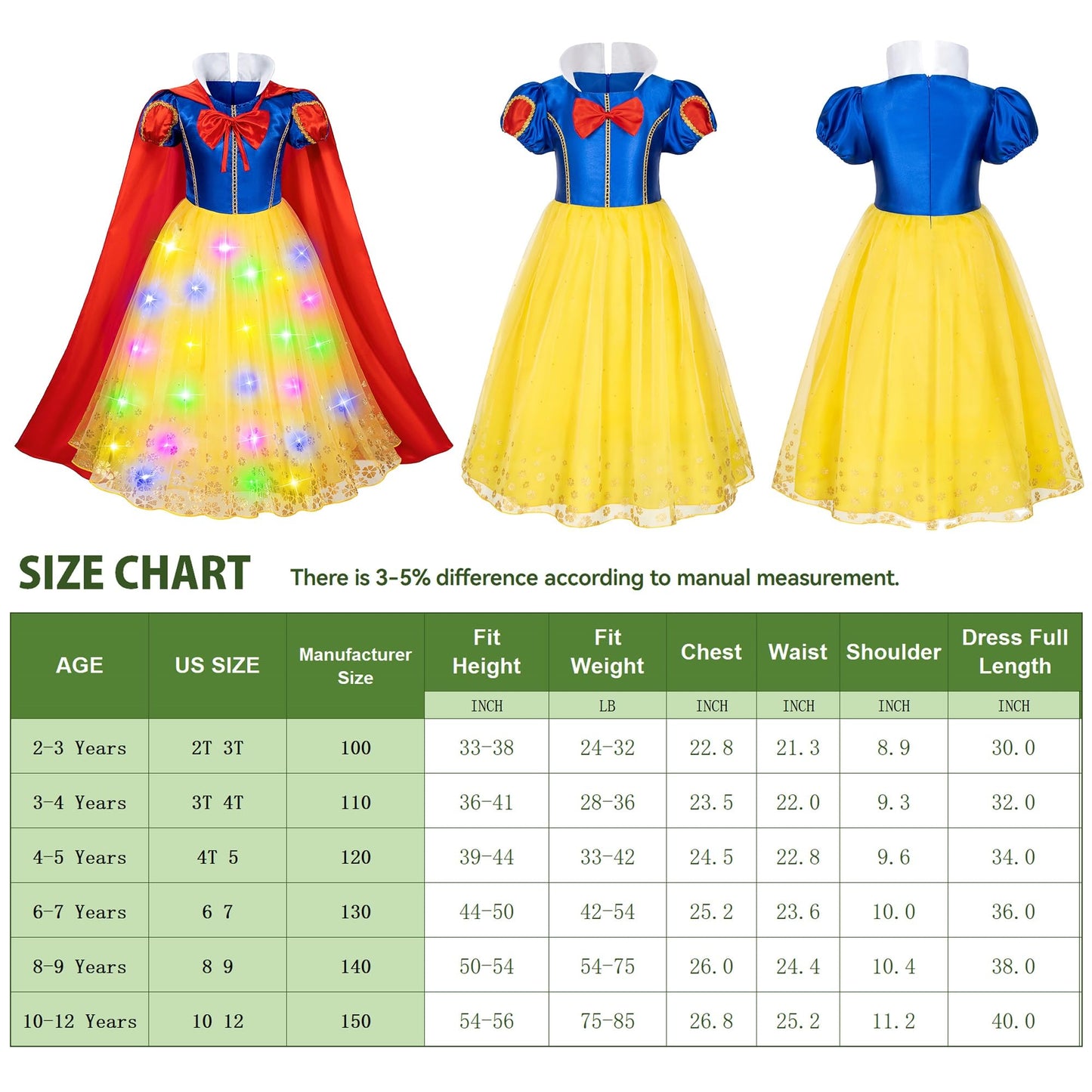 Kaisebile Light Up Princess Snow White Costume For Little Girls Dress Up - Led Light-Up Princess Snow White Dress With Accessori