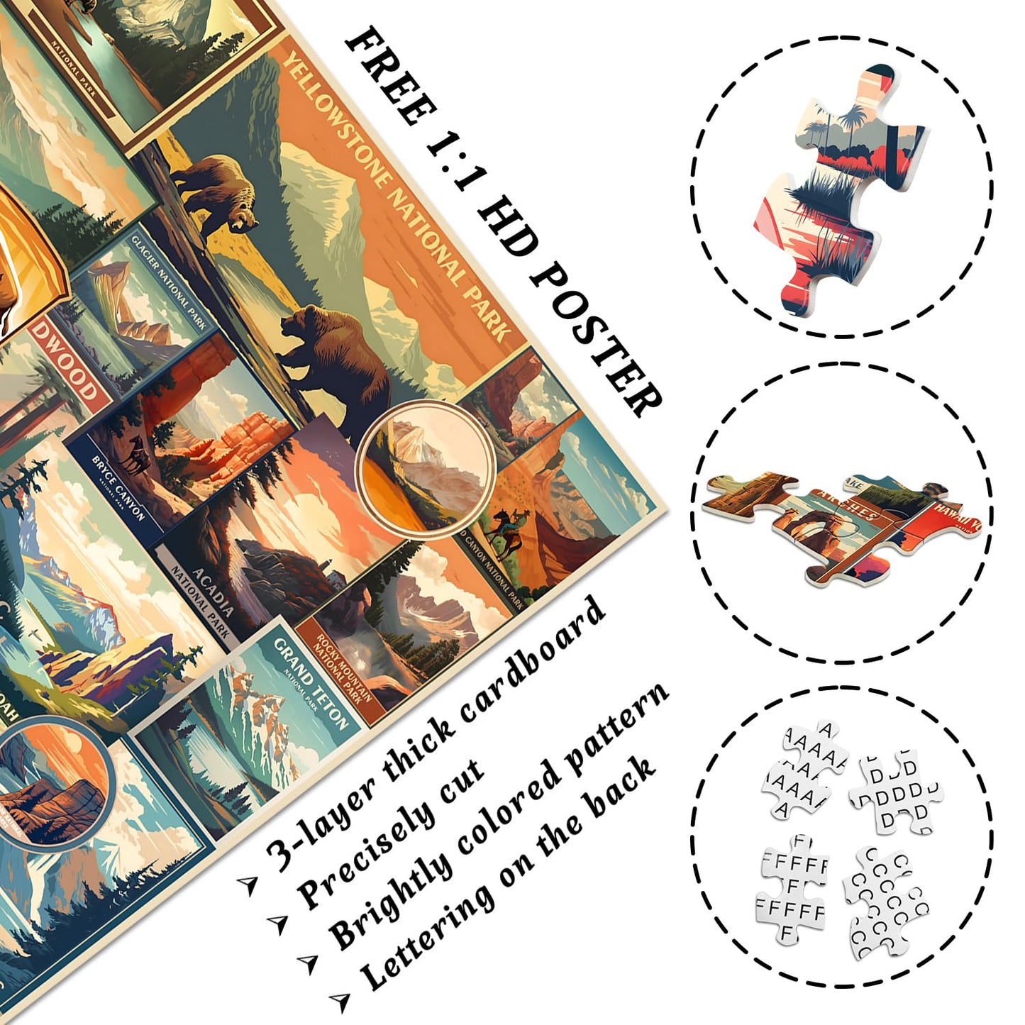 Vintage National Parks Puzzle For Adults 1000 Pieces, Travel Poster Landscape Puzzle Including Yellowstone Zion Acadia Yosemite, Nature Jigsaw Puzzles Scenery Mountain Scene