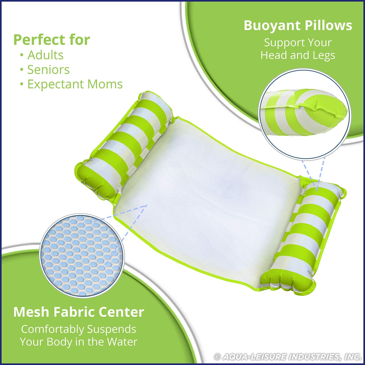Aqua 4-In-1 Monterey Hammock Inflatable Pool Float, Multi-Purpose Pool Hammock (Saddle, Lounge Chair, Hammock, Drifter) Pool Chair, Portable Water Hammock, Lime Green/White Stripe