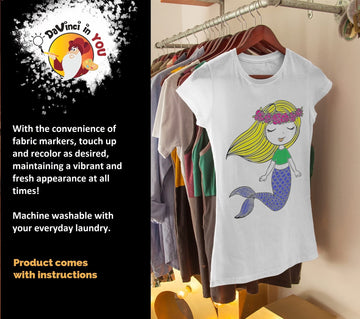 DaVinci in You Coloring Shirt for Girls - Kit with 10 Fabric Markers and Alphabet Stencil (Mermaid, 8/9)