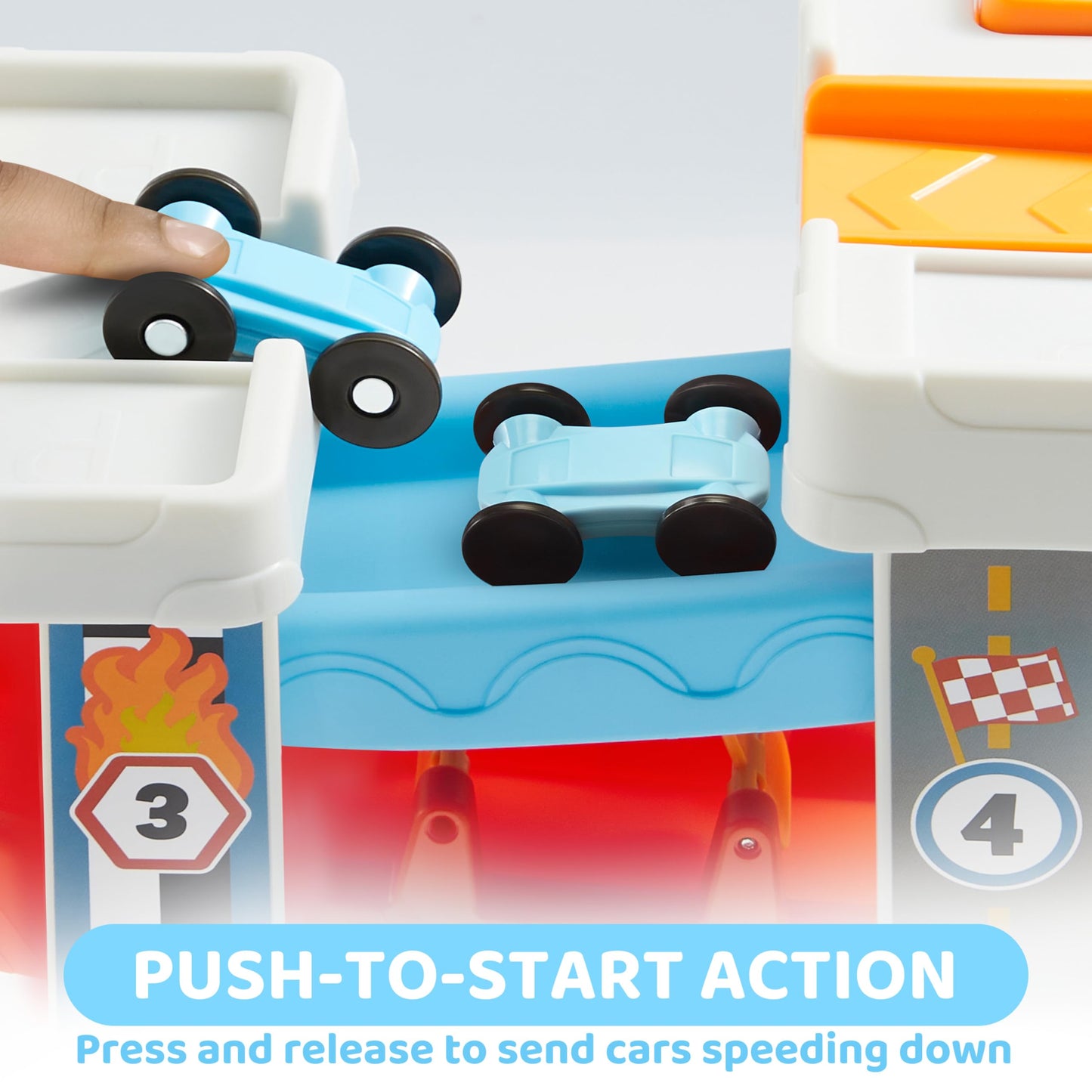 Toddler Toy For Babies Age 18M+, 4-Layer Car Ramp Race Track With 4 Cars, Multiple Parking Spaces And Button Trigger Start, Birt