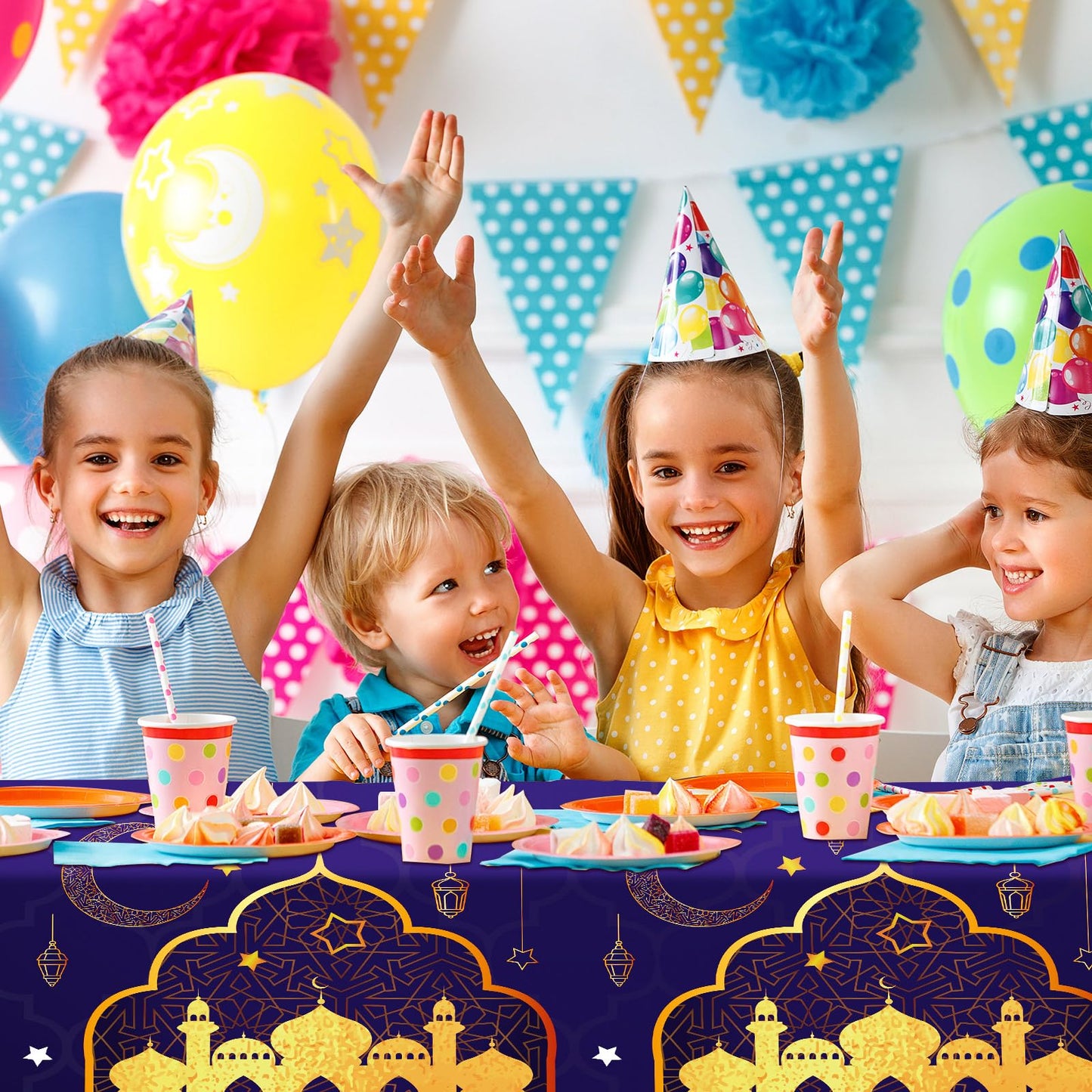 3-Piece Purple and Gold Tablecloth Set - 42.5 x 70.9 Inch Plastic Table Covers for Birthday Party Decorations, Nights Theme Supp