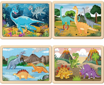 Puzzles For Kids Ages 4-6, 4 Pack Wooden Jigsaw Puzzles With 24 Pieces Each, Dinosaur Puzzle Preschool Educational Learning Toys