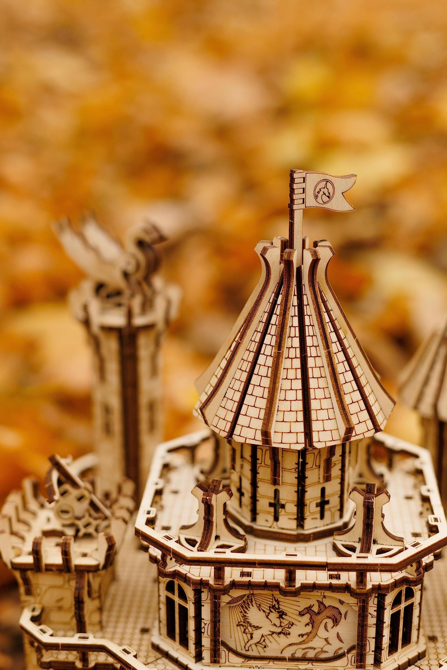 Wood Trick Dragon Castle Movable Wooden 3D Puzzles For Adults And Kids To Build - Red Led - Greensleeves Melody - Towers Rotating - Engineering Diy Project Mechanical Model Kits For Adults