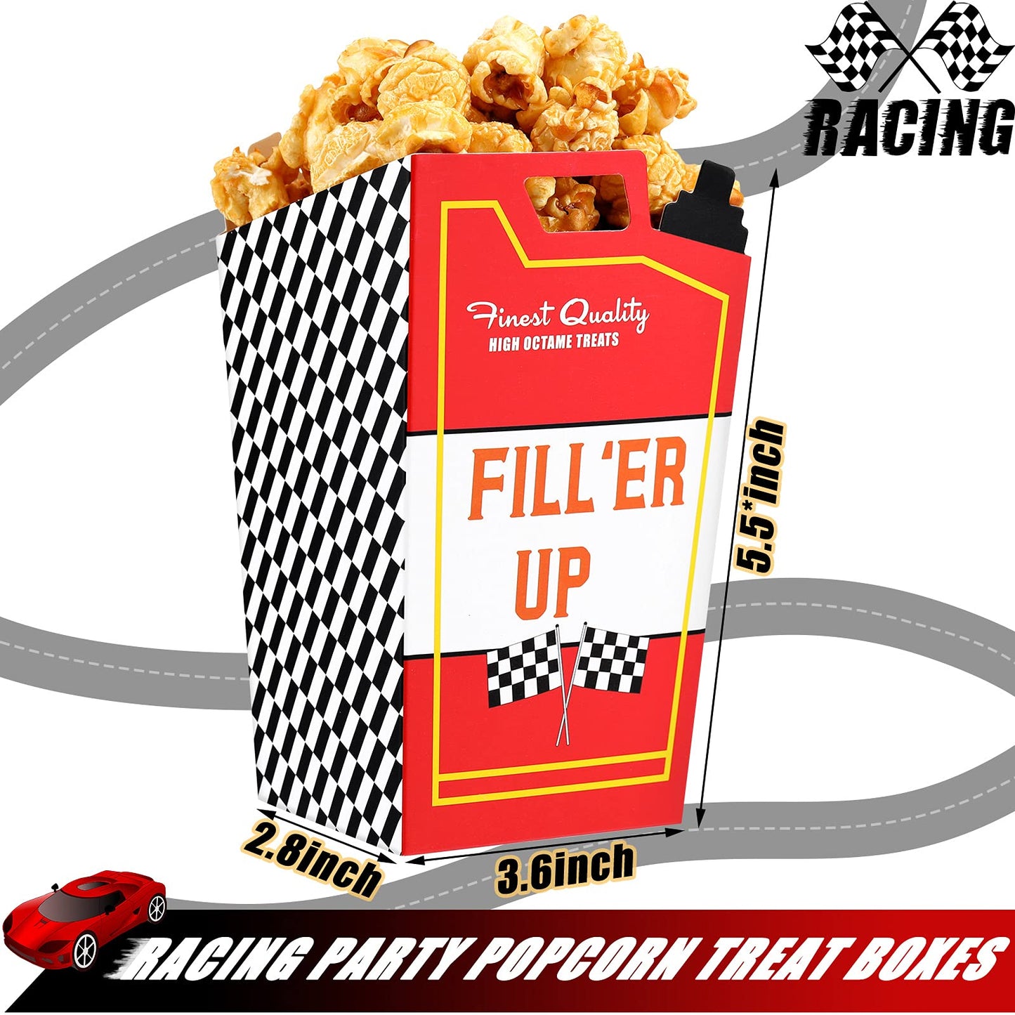 Outus 24 Pieces Race Car Fuel Can Popcorn Treat Boxes Racing Birthday Party Supplies Candy Cookie Container For Baby Shower, Bridal Shower, Race Car Theme Party Favors Decoration