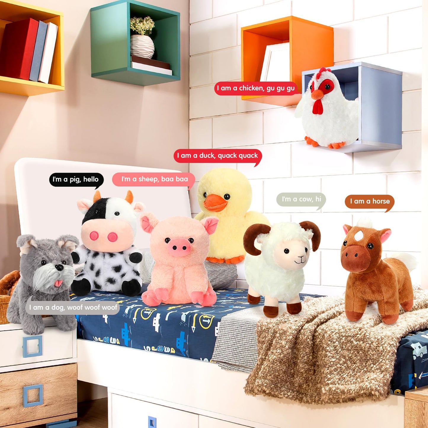 Hiboom 7 Pcs Farm Stuffed Plush Animals Toys Set 8 Inch Barnyard Stuffed Animals Bulk Soft Pig Rooster Horse Duck Sheep Cow Dog