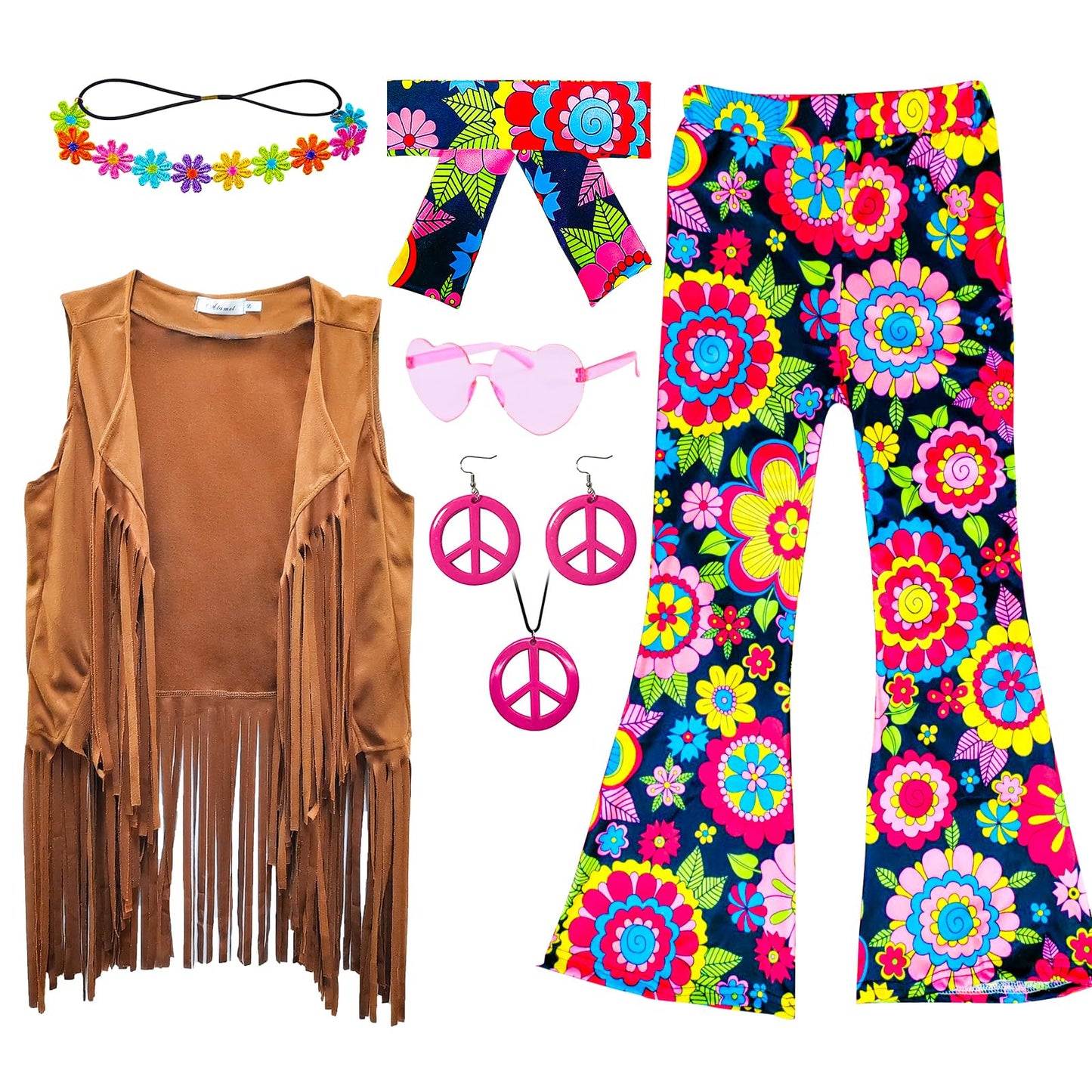 Xonyicos 8 Pcs Girls Kids 60S 70S Hippie Costume Disco Outfits Fringe Vest Boho Bell Bottoms Hippie Outfits Accessories Set (Flo