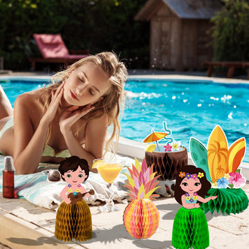 12Pcs Hawaiian Luau Party Table Decorations - Double Sided Aloha Flamingo Honeycomb Centerpieces Table Decorations For Hawaiian Tiki Birthday Wedding Pool Party Supplies