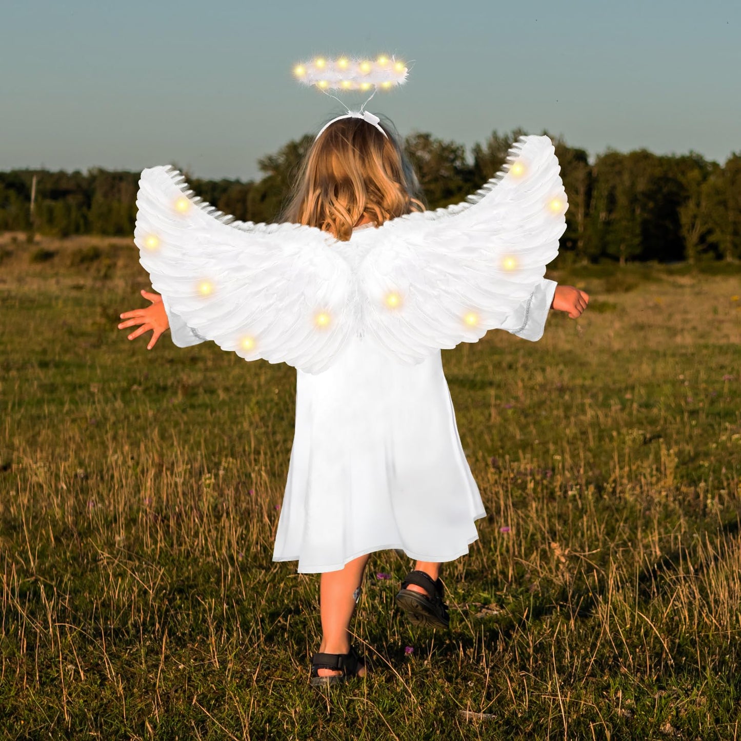 Ttq3Pcs Kid Angel Costume Set Include Girl Angel Dress,Light Angel Wing And Hairband For Halloween Birthday Party Accessories