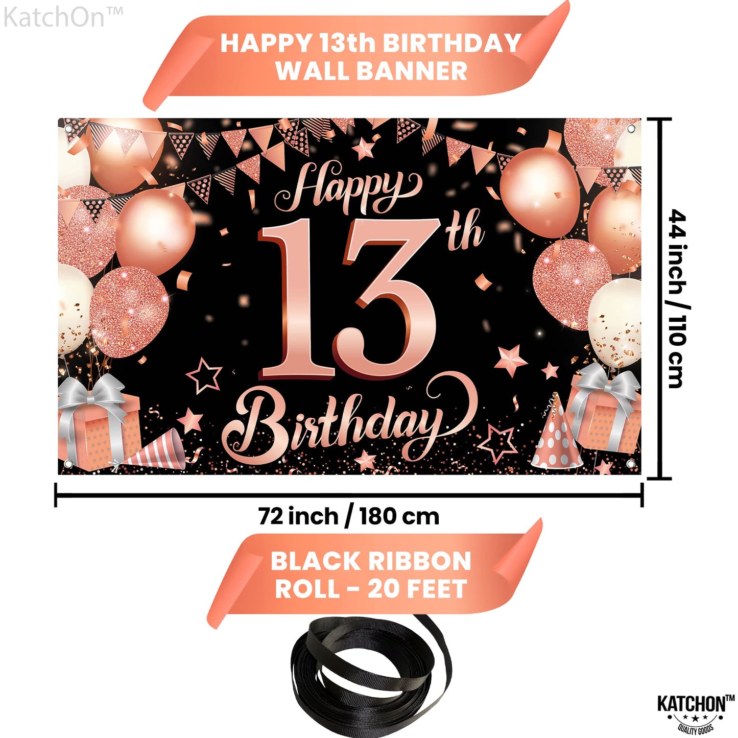 Katchon, Rose Gold Happy 13Th Birthday Banner - Huge, 72X44 Inch | Rose Gold And Black 13Th Birthday Backdrop, 13Th Birthday Party Decorations | 13 Birthday Banner, 13Th Birthday Decorations For Girls