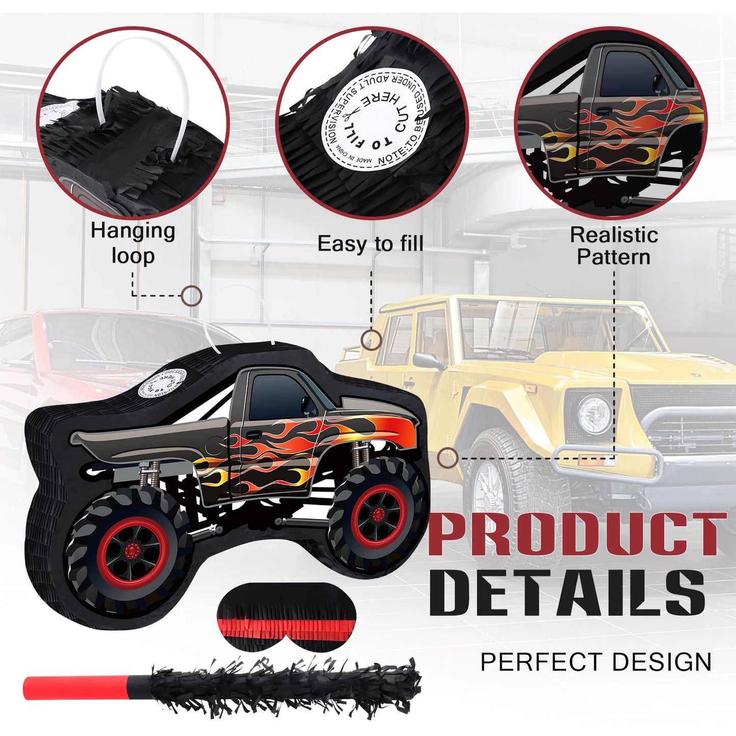Waenerec Car Pinata With Pinata Stick & Hanging Loop Mexican Pinata Game For Monster Truck Party Decorations Race Car Pinata Theme Birthday Carnival Party Supplies