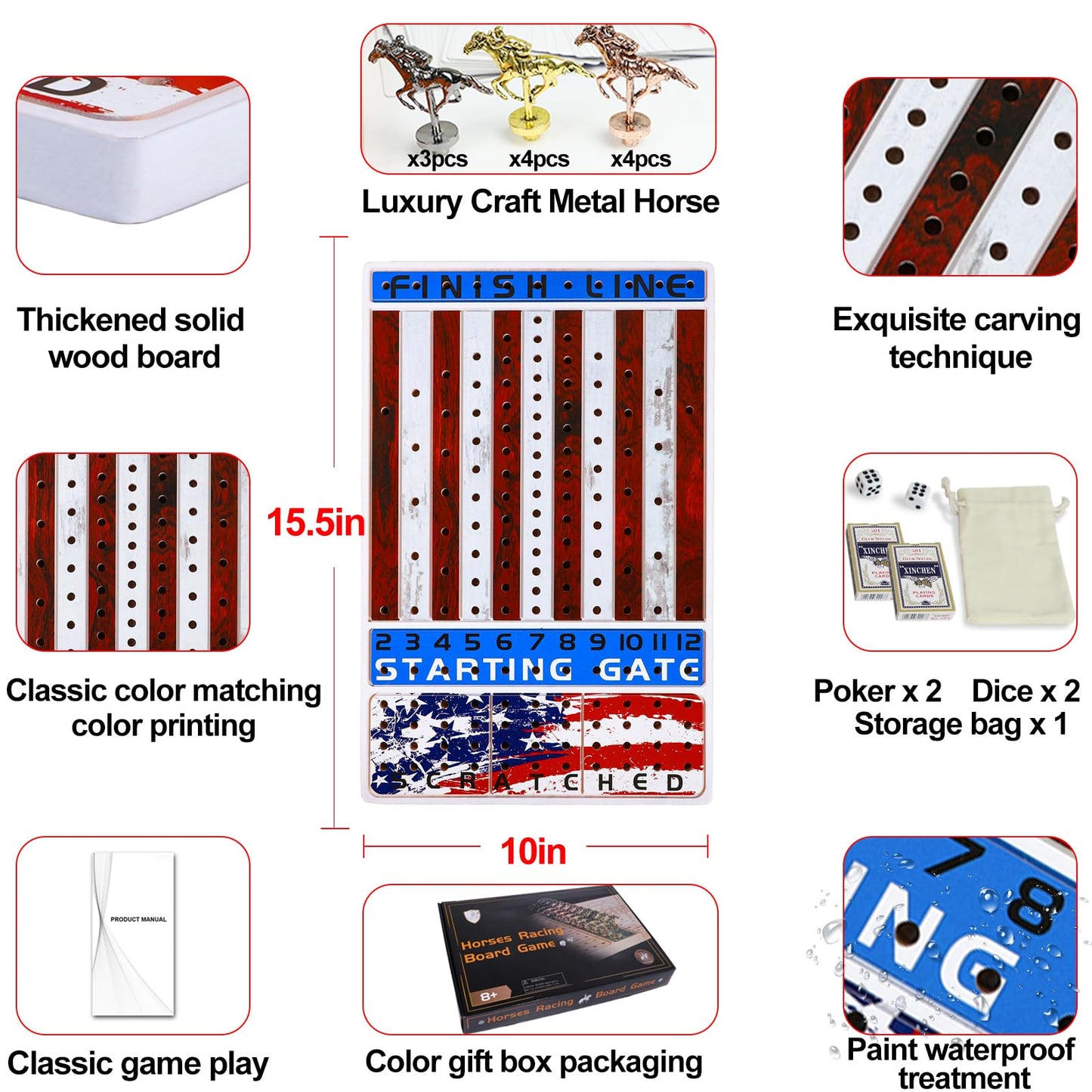 Grhonior Horse Racing Board Game With 11 Luxury Metal Horses Thickened Wood Game Board Including Dice And Cards Finish Line Star