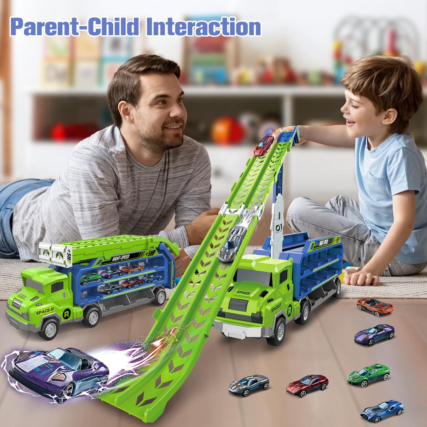 Kids Toys for 2 3 4 5 6 7 8 Years Old Boys, Carrier Truck Transport Car Toys, Foldable 2 Layer Car Race Track Playset with 46-in