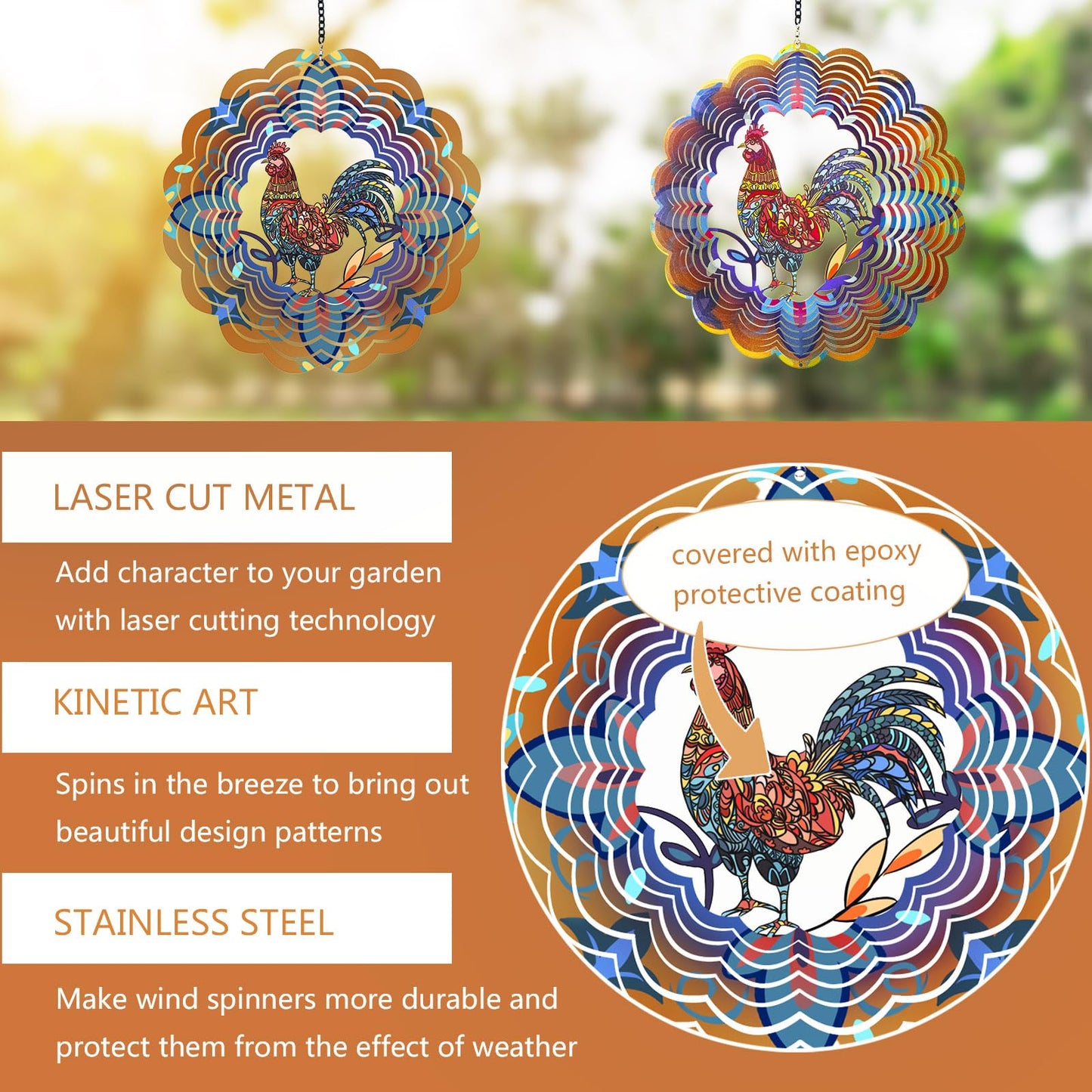 2 Pack Rooster Metal Wind Spinners - Chicken Gifts For Women Mom Grandma Wife, Hanging Wind Spinner For Outdoor & Indoor Decorat