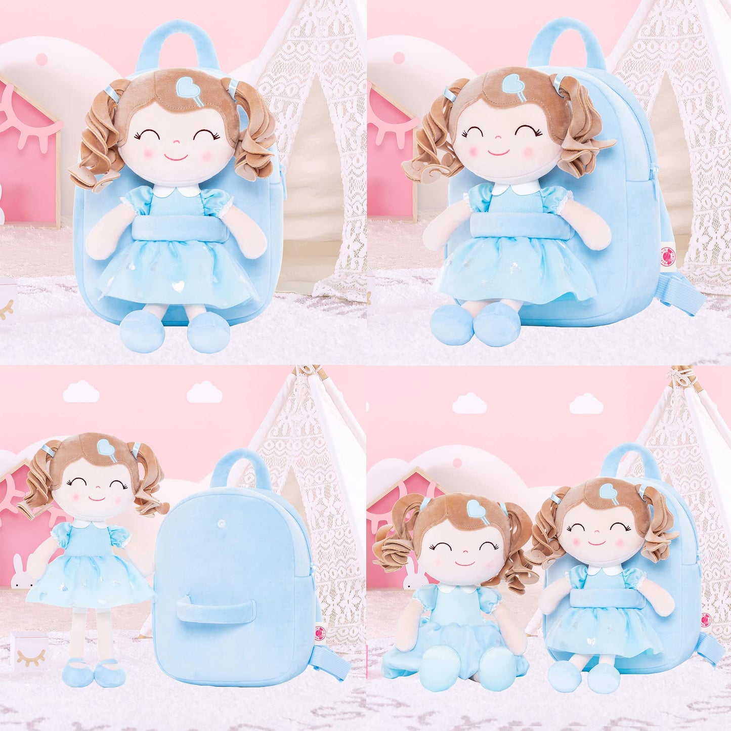 Gloveleya Toddler Plush Backpack Diaper Bag with Doll - 9 Inch, Blue, Model D1385-3