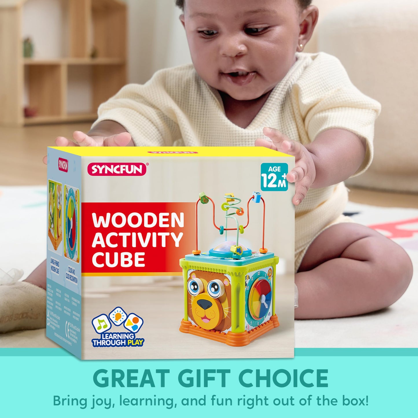 Syncfun Baby Toys, Toddler Learning Toys, Montessori Toys For 1 Year Old, Wooden Activity Cube With Music, Educational Toys For