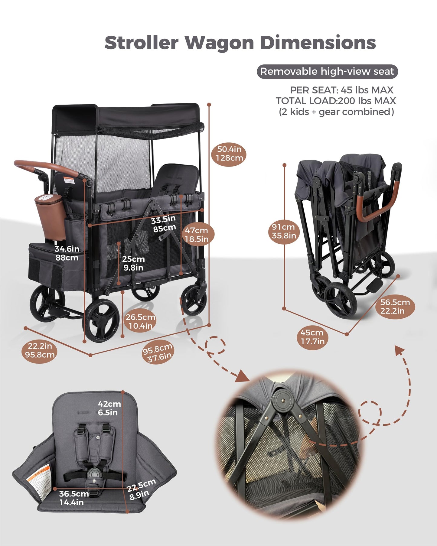MonGianda Wagon Stroller for 2 Kids, All-Terrain, Foldable, 5-Point Harness, Insulated Snack Pack, Adjustable Handle, Gray, Model BGTFW001