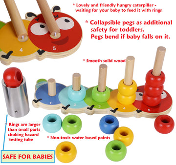 Toys of Wood Oxford Wooden Stacking Rings - Caterpillar Counting Game, 15 Pieces, Small, Color Sorting Puzzle for 1 Year Olds