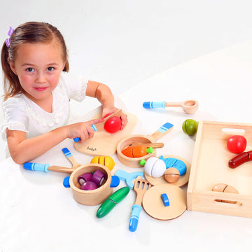 Dailyfunn Wooden Pretend Play Foods Set for Kids Kitchen Montessori Cutting Playset Toys with Storage Box