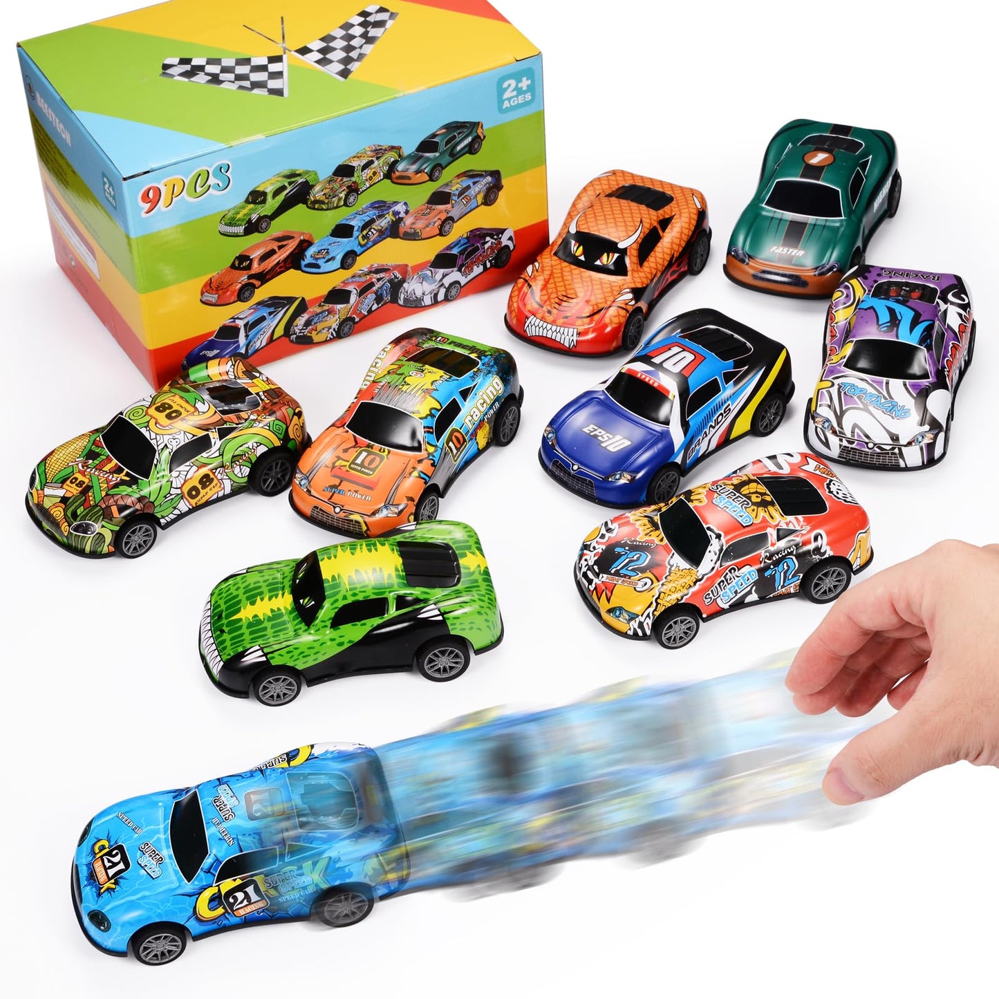 4.2'' Toy Cars Metal Race Cars Vehicles 9 Pack, Pull Back Cars Toys for Boys, Girls, Toddlers, Kids 2,3,4,5,6,7 Years Old, Party