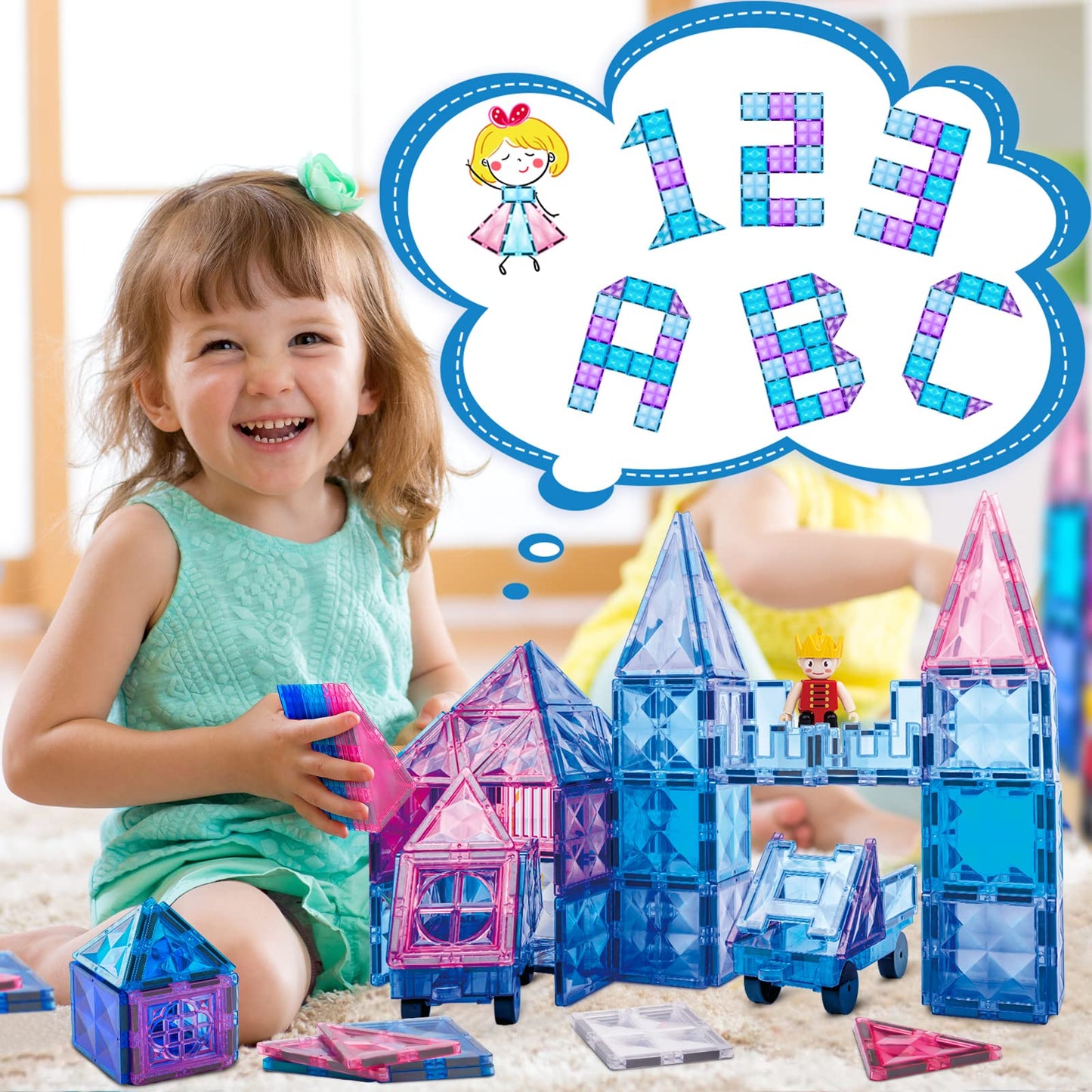 Pitpat 128 pcs Magnetic Tiles for Kids with 2 Cars and Storage Bag, Magnet Blocks Building Set with Stronger Magnets, Magnetic S