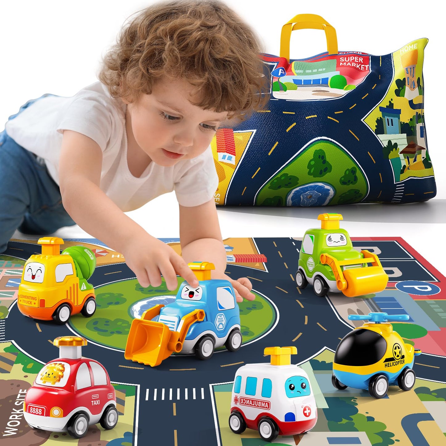 Jukudahu Press Engineering Car Toy For Tollders Age 1 2 3 4 5 6 Years Old - Toy Figure Car With Play Map, Push And Go Friction C
