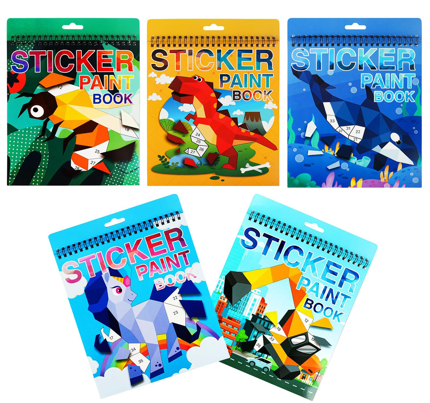 5 Pack Crafts For Kids Ages 4-8,6-8 Sticker Paint Number Books Kids Birthday Party Favors Road Plane Travel Activity Book (Dinosaurs+Ocean+Insect+Vehicle+Horse)