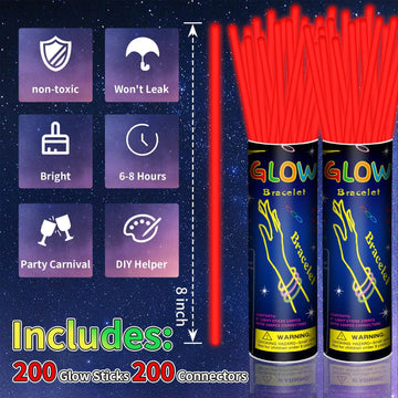 Taikula 200 Pack 8 Glow Sticks Bulk Party Favors Red Light Up Sticks with Connectors Neon Glow in the Dark Party Supplies Brac