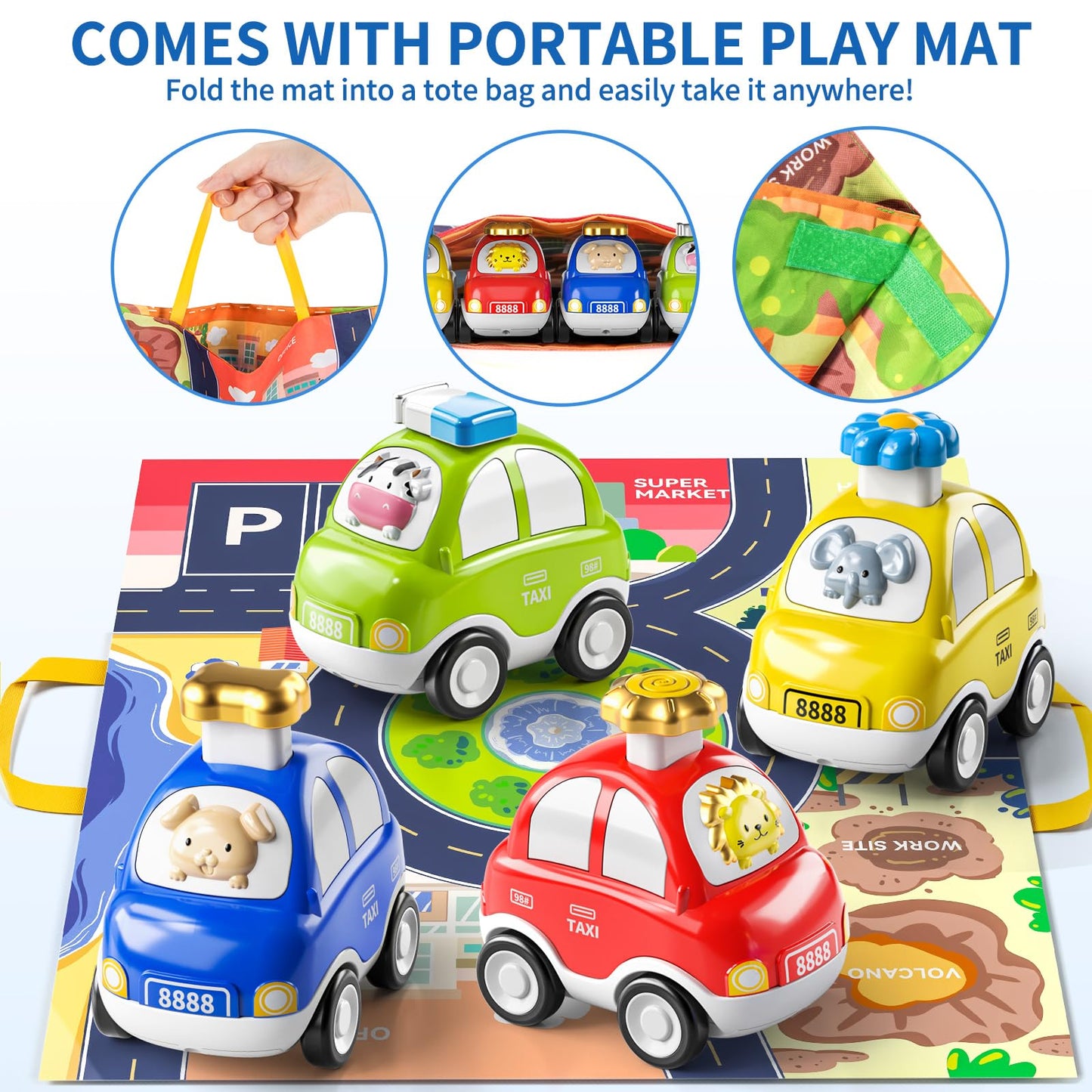 TEMI 4PCS Inertia Animal Car Toys with Play Mat/Storage Bag for Toddlers Toy Age 1-3, Baby Toys 1 2 3 Years Old Boys Birthday Ne