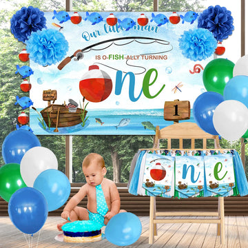O Fishally One First Birthday Decorations,Gone Fishing Party Supplies Include Fish Bobber Banner,Our Little Man Is Ofishally Tur