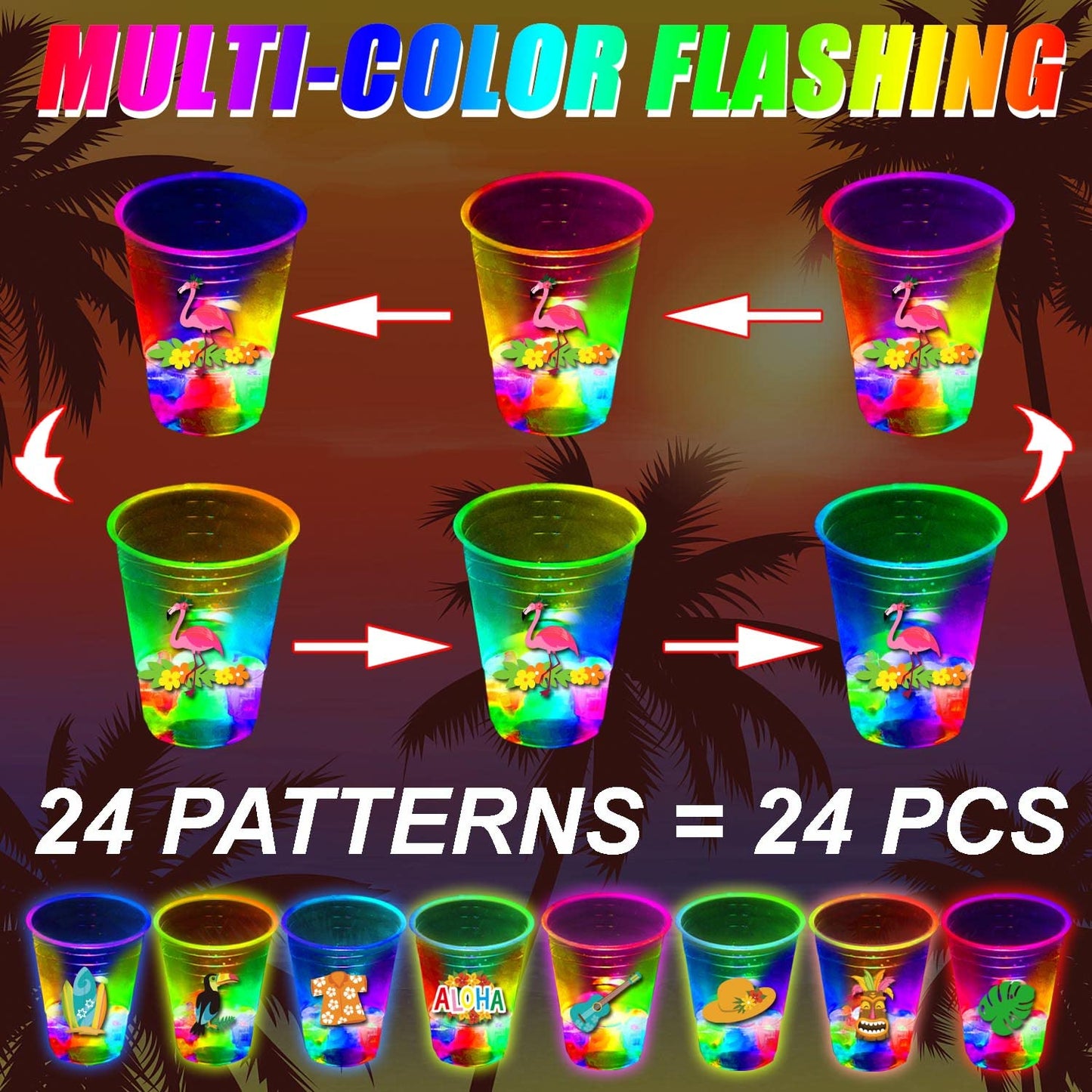 Mishunyus 24Pcs Glowing Hawaiian Luau Party Cups Flashing Tiki Party Cups Tropical Luau Party Decorations Hawaiian Party Supplie