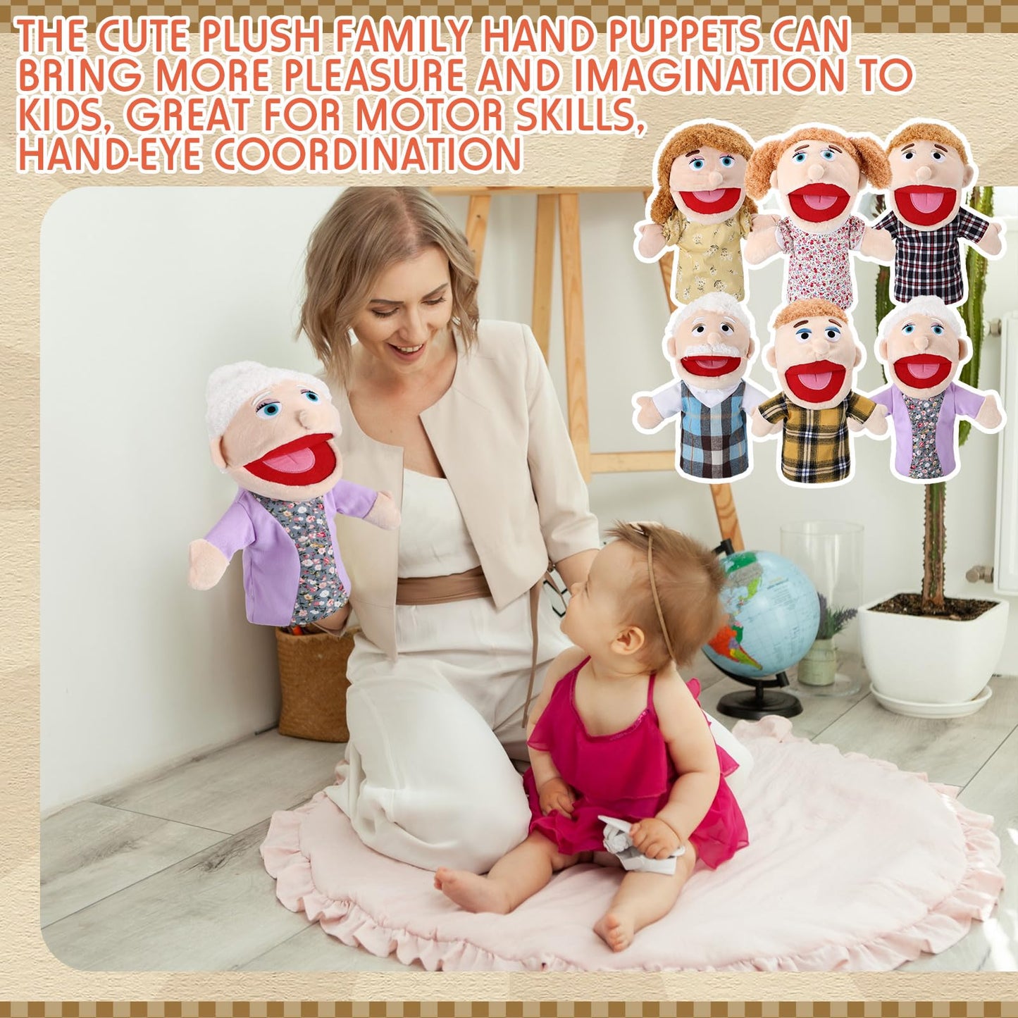 Lenwen 6 Pcs Family Hand Puppet Set 11.8 Inch Family Members Puppets With Movable Mouth Soft Plush Hand Puppet For Boys And Girls Teens Storytelling Play School Teaching Preschool (Light Skinned)