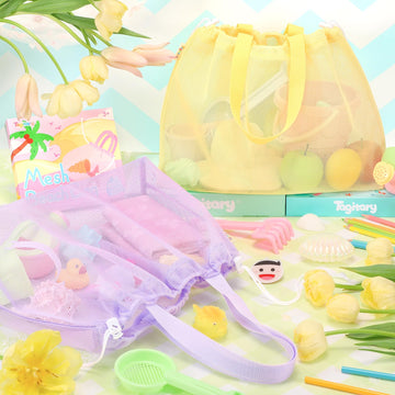 Tagitary Beach Toys Kids Beach Bag Tote with Drawstring,Yellow Purple Mesh Bag Travel Beach Essentials for Kids Swim Pool Gym Ba