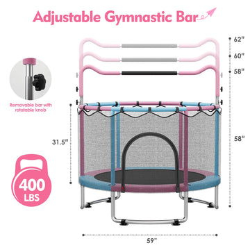 60 Trampoline for Kids, 5 FT Toddler Trampoline with Enclosur Net, Basketball Hoop & Sandbag, 440 LBS Capacity, Adjustable Heigh