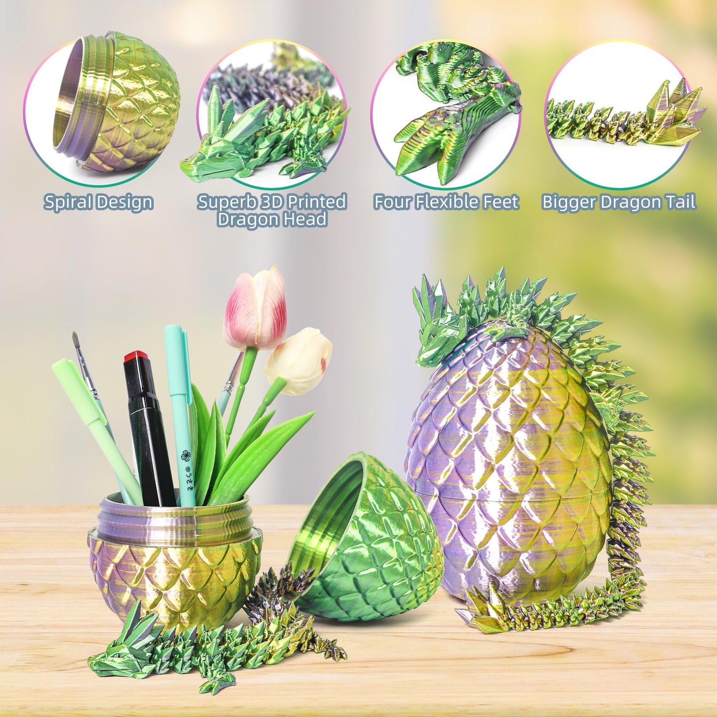 Flavery 3D Printed Dragon In Egg - Tricolor Egg With Flexible Crystal Dragon Inside, Colorful Fidget Toy, Birthday Gift, Desk Pe