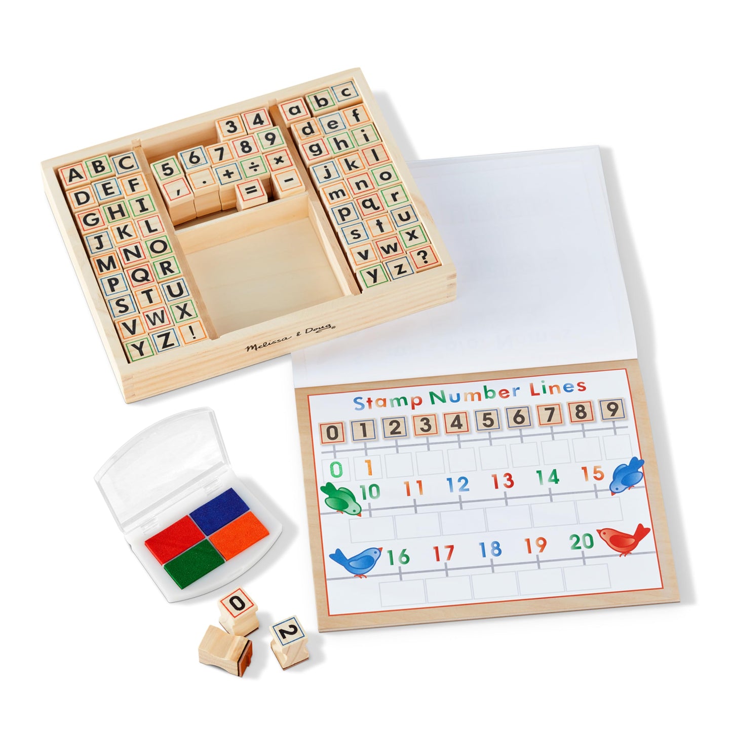 Melissa & Doug Deluxe Letters and Numbers Wooden Stamp Set ABCs 123s With Activity Book, 4-Color Stamp Pad ABC Stamps, Kids Arts