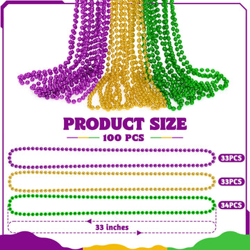 100 Pcs Mardi Gras Beads, 33'' Mardi Gras Beads Necklaces Bulk, Round Purple Gold Green Beads Bulk, Parade Throw Accessories Set