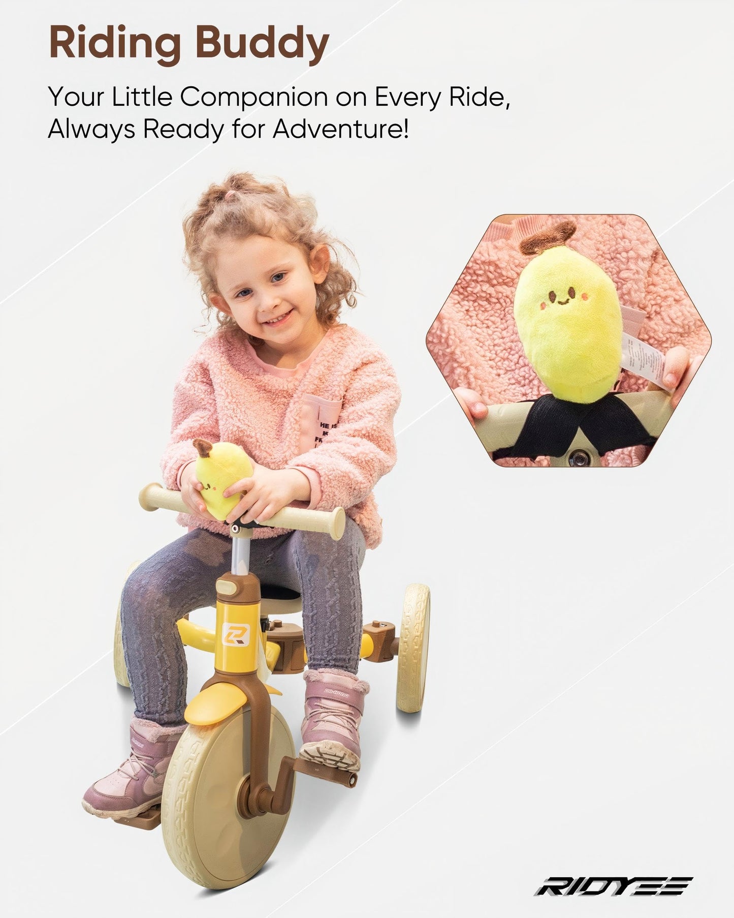 RIDYEE 4-in-1 Toddler Tricycle, Tool-Free Mode Switch, One-Click Height Adjustment, Yellow, for Ages 18 Months to 3 Years