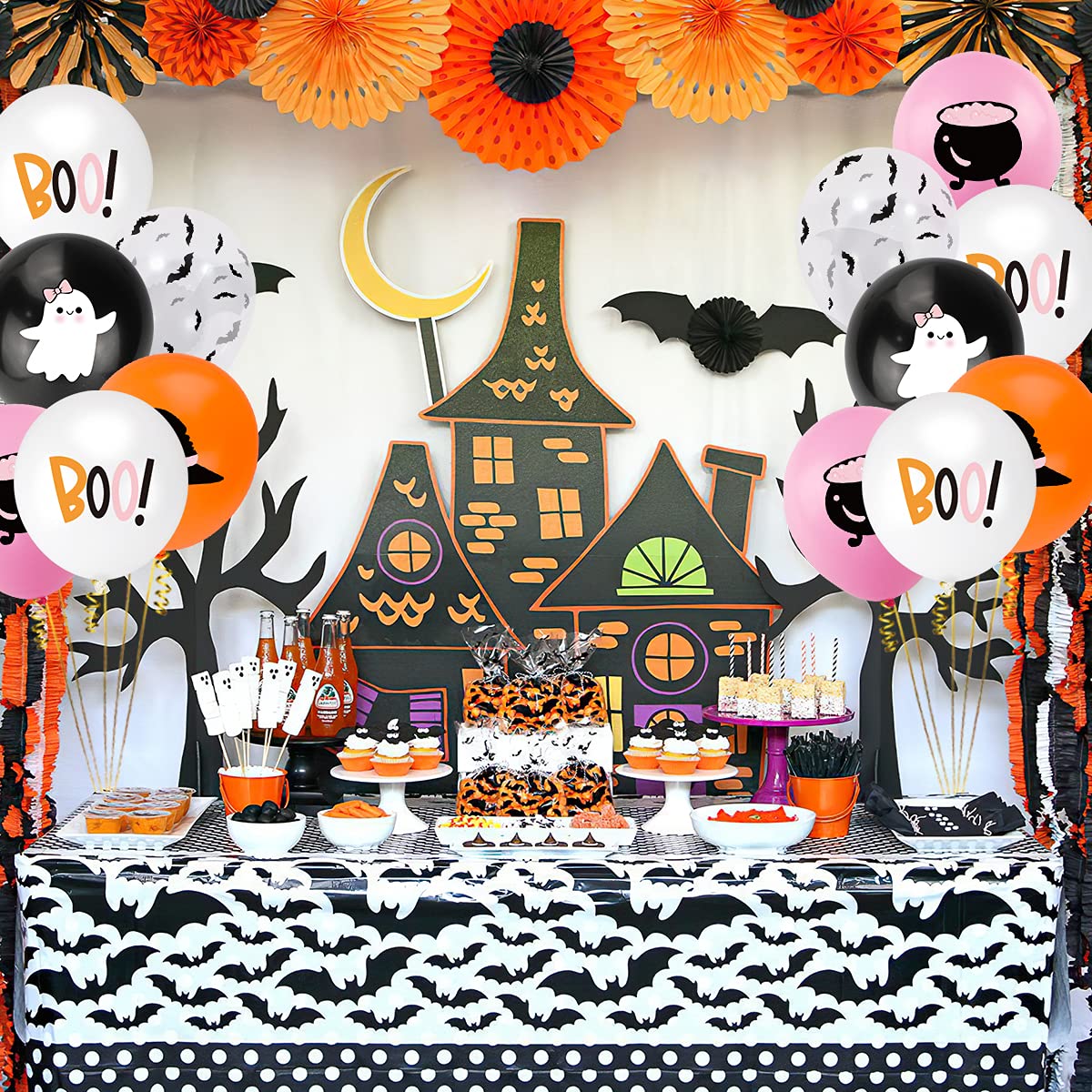 50Pcs Halloween Balloons Decor Girls Halloween Pink Orange Black White Latex Balloon With Ghost Witch Cauldron Bat Printed For H