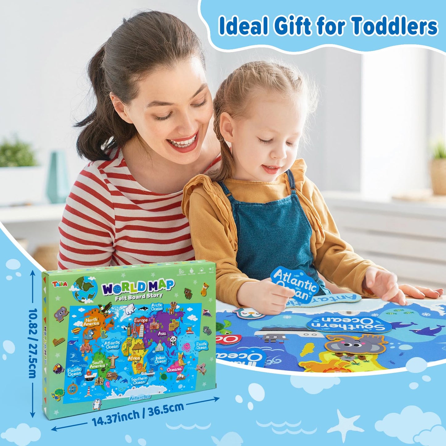 Taika World Felt Set, Felt World Map with World Famous Sights, Educational Play Mat Flannel Board Set, 43x28 inch Preschool Lear