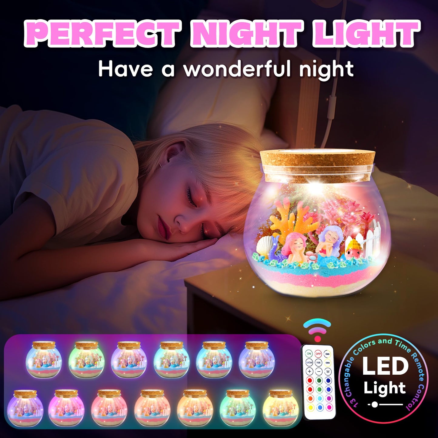 Vigorfun Mermaid Terrarium Kit For Kids - Creative Led Night Light Gifts For Girls Birthday Age 3+, Diy Arts & Crafts Light Up K