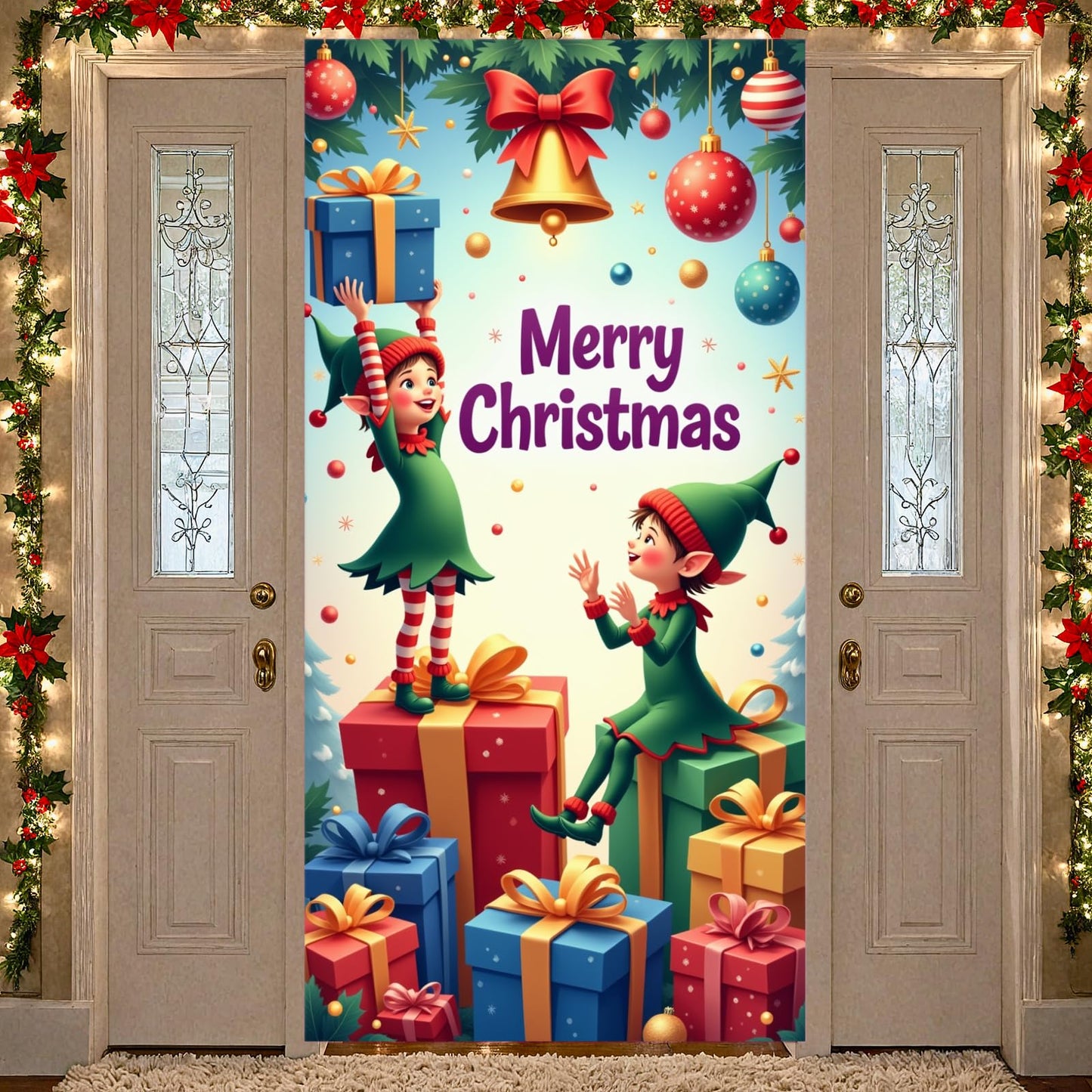 Christmas Elves Door Cover Funny Elf Christmas Hanging Banner Backdrop Photo Background Large Elf Xmas Fairy Door Decorations Gi