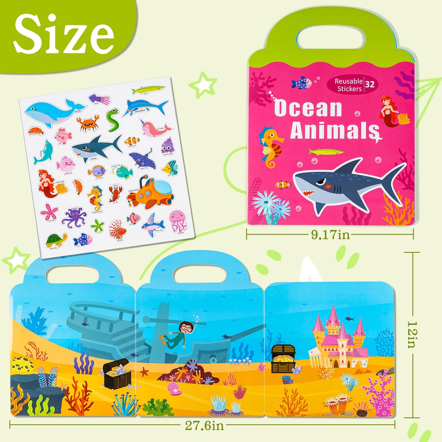 Magnetic Portable Playboard Ocean Animal Reusable Sticker Book for Toddler, Refrigerator Magnet Educational Learning Toys Travel