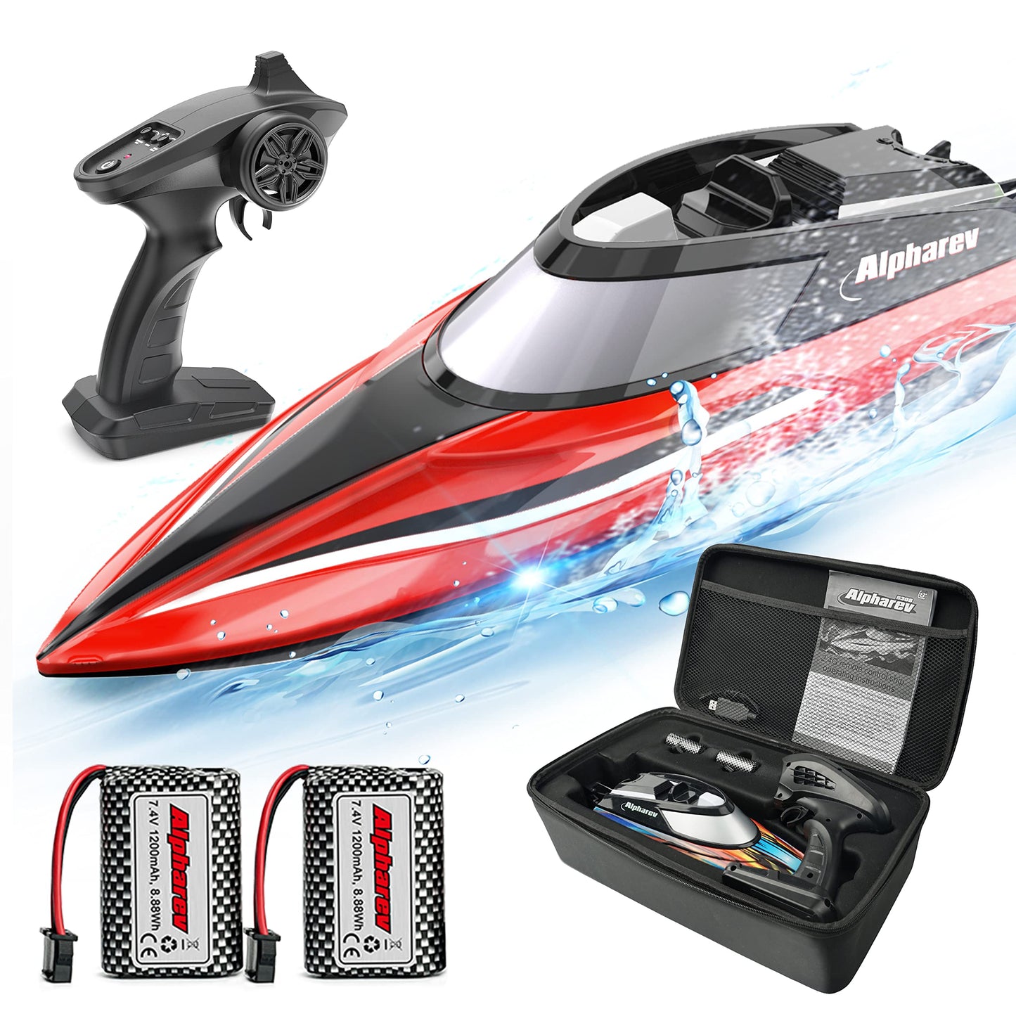 ALPHAREV Rc Boat with case R308 20 MPH Fast Remote control Boat for Pools and Lakes, 24 gHZ Rc Boats for Adults and Kids with Re
