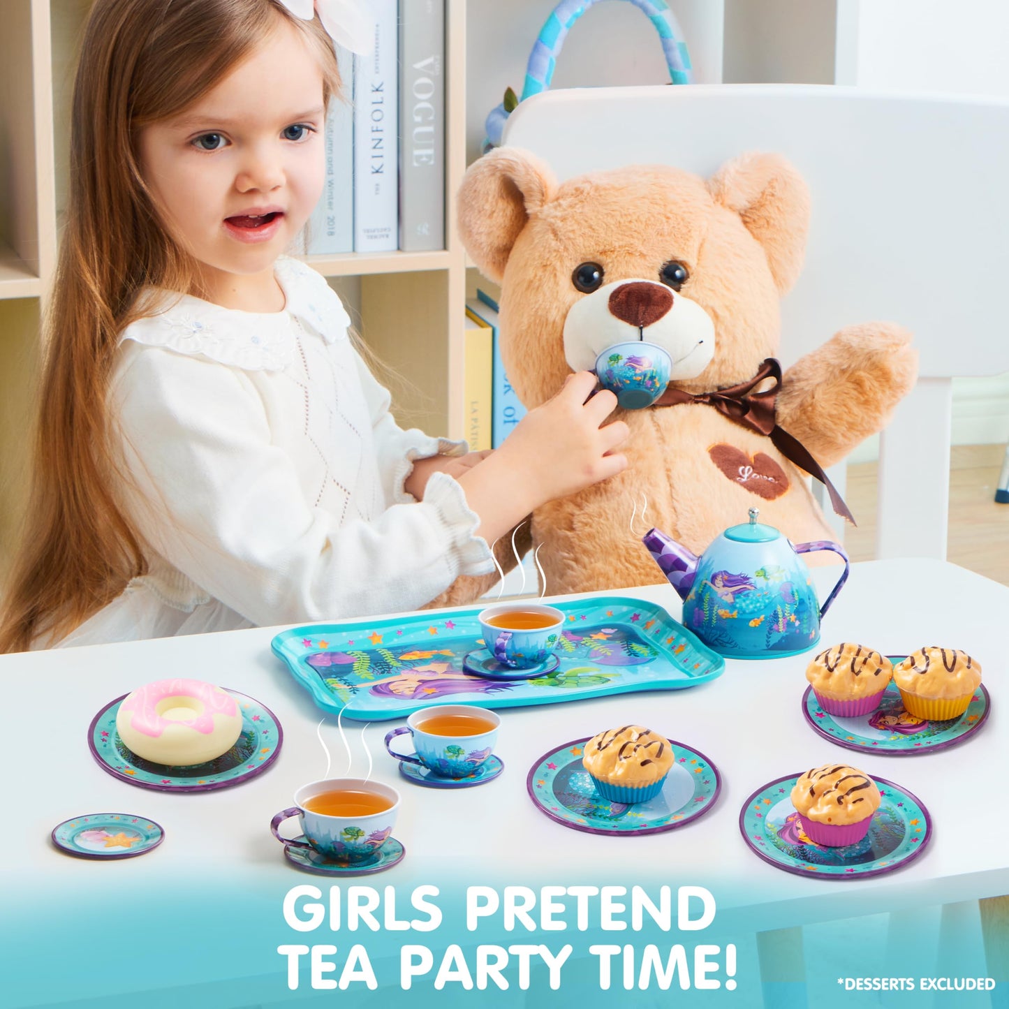 JOYIN Mermaid Tea Set for Toddlers Tea Party Set for Children Kids Pretend Role Play Tin Teapot Set with Cups, Plates and Carryi