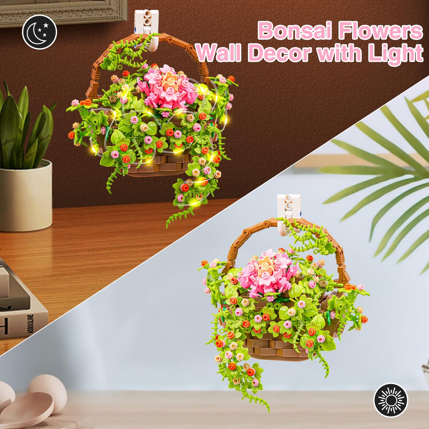 Sathibi Flower Bouquet Building Set, Flowers Basket Bonsai Plants With Led Light, Botanical Collection Wall Decor, Creative Buil