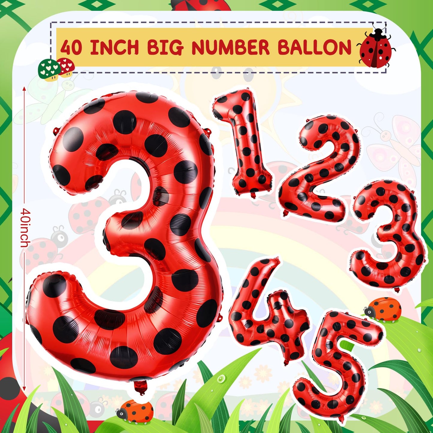 Lunmon Ladybug 40Inch Number 3 Balloon, Polyester, Black Red Polka Dots, Birthday, Baby Shower Decorations, Children, Unisex