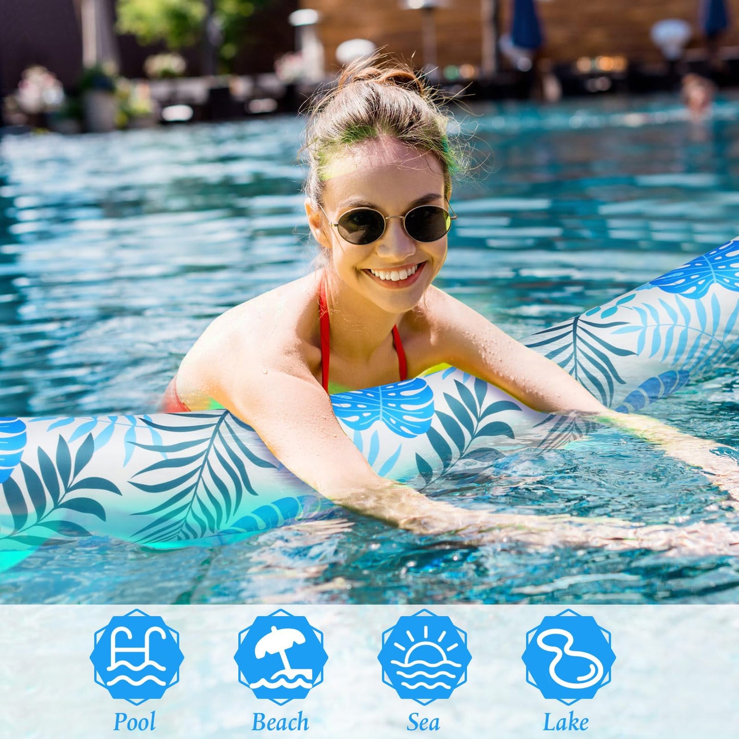 Soulchen 2 Pack Inflatable Pool Noodles Soft Fabric Covered 54'' Large Swim Noodles for mature-themeds Hawaii Tropical Palm Leaves enhanced Buoyancy for Pool Swimming Floating Beach Party Decor (Cool-Toned)