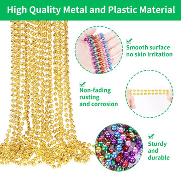 YAXINRUI 33 Inch 7 mm Metallic Gold Bead Necklaces, 15pcs Mardi Gras Beads Bulk Round Beaded Necklaces Costume Necklace for Mard